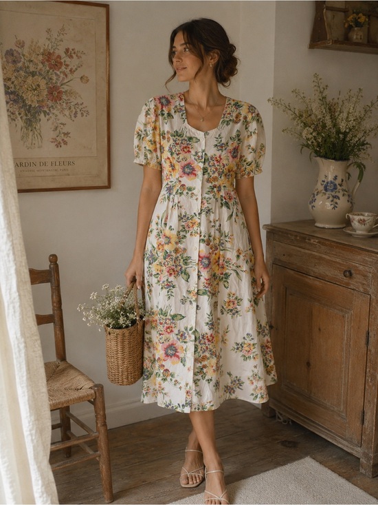 April Cornell Dresses & Skirts - April Cornell Garden Floral Cottagecore Midi Dress White Button Front Tie Back M